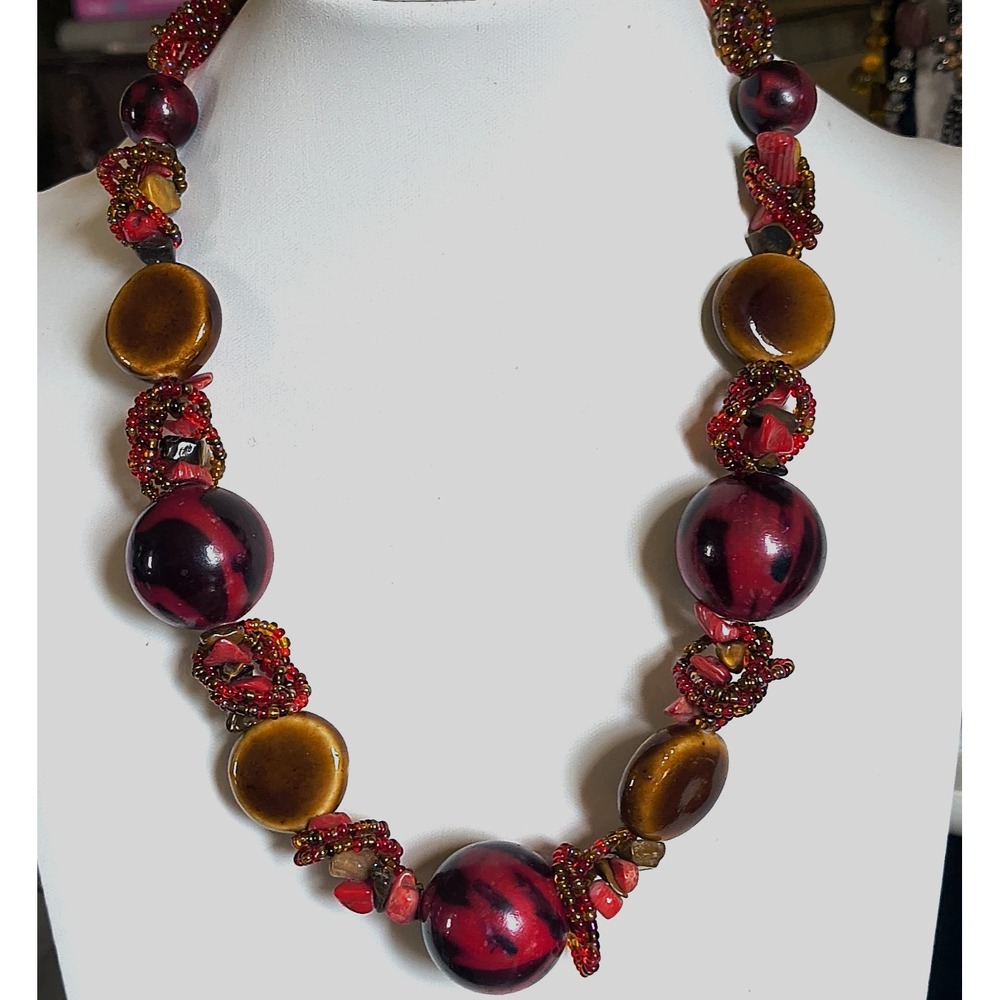 Boho Mixed Materials Beaded Necklace Ceramic Coral Shell Glass Wood 18"